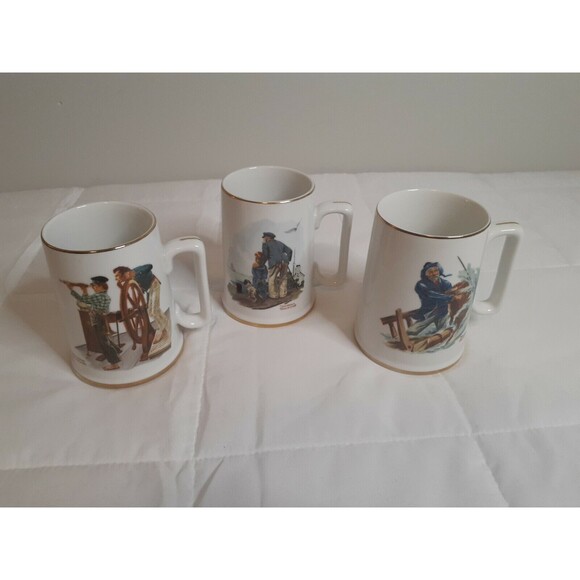 Norman Rockwell Museum 3 Mugs Braving Storm, River Pilot,  Looking Out To Sea - Picture 1 of 7